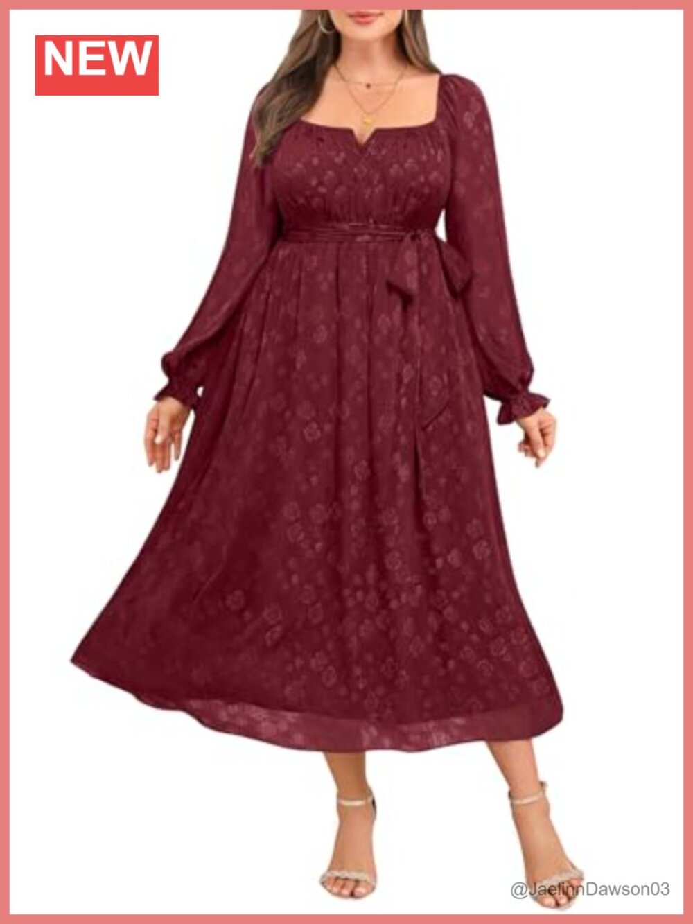 Plus Size Long Sleeve A-Line Midi Dress Square Neck Tie Belt Semi Formal